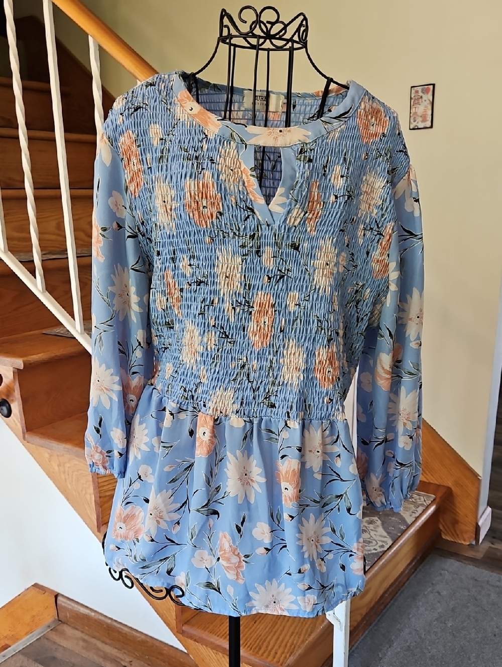 👚CURE Light Blue Floral Smocked Peasant Blouse